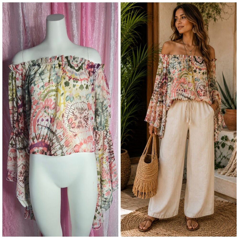 Live 4 Truth Boho Floral Festival Romantic Fairy Bell Sleeves Blouse Size Large